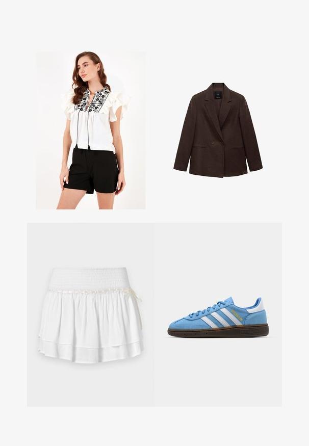 Blazer marron croisé avec un col à revers, manches longues, deux poches avant et une texture lisse. L'étiquette est visible à l'intérieur du col.; Blouse blanche avec des manches volantes, broderie florale noire et liens à pompons au cou. Associée avec un short noir.; Jupe blanche à volants avec une taille élastique, présentant un détail de smockage texturé et une accentuation en ruban décoratif. Tissu en coton.; Baskets en suède bleu clair avec des rayures en cuir blanc, une semelle texturée marron et un détail de logo doré. Design basse avec un bout rond.