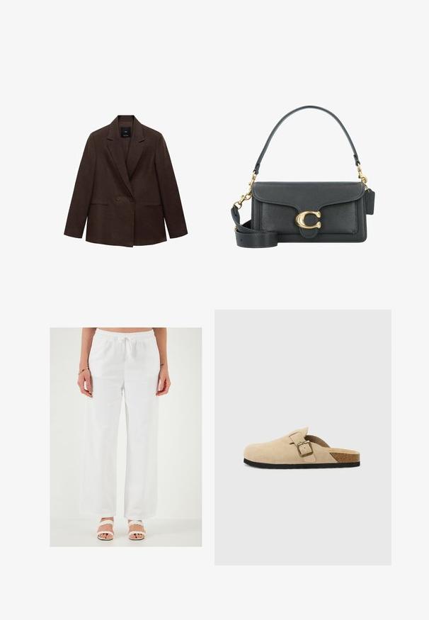 Bruine dubbelzijdige blazer met een notch lapel, lange mouwen, twee voorzakken en een gladde textuur. Label is zichtbaar binnen de kraag.; Twee katoenen crop tops in wit en zwart. Elke top heeft een diepe halslijn en dunne schouderbandjes, met een gladde, zachte textuur.; Witte, loszittende linnen broek met een elastische tailleband en trekkoord. Gladde textuur, wijd broekontwerp en geen zichtbare patronen.; Beige suède instapklompen met een kurken voetbed, een ronde teen en een eenvoudige band met een goudkleurige gesp. Rubberen zool voor grip.; Zwarte leren handtas met een gouden hardware accent, voorzien van een kenmerkende sluiting, een afneembare schouderband en een ge textureerd oppervlak.