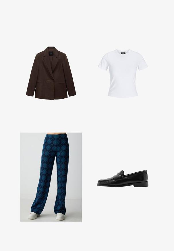 Blazer marron croisé avec un col à revers, manches longues, deux poches avant et une texture lisse. L'étiquette est visible à l'intérieur du col.; T-shirt blanc à manches courtes avec un col rond, fabriqué en matériau coton, présentant une silhouette ajustée et une étiquette de marque noire à l'intérieur du col.; Pantalons à jambes larges en marine avec un motif argyle vert et bleu. Fabriqués dans un tissu texturé, avec une taille haute et une coupe décontractée.; Mocassin en cuir noir avec une silhouette courbée, une sangle décorative, des coutures texturées et une semelle en caoutchouc plate. Fini lisse et design élégant.