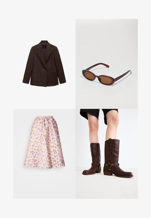 Ruskea kaksirivinen bleiseri, jossa on lovettu kaulus, pitkät hihat, kaksi etutaskua ja sileä pinta. Tunnus on näkyvissä kauluksen sisällä.; Kolme hihattomaa paitaa sinisessä, mustassa ja valkoisessa. Kangas on ribattu ja kaula-aukko on pyöreä. Jokaisessa paidassa on "even&odd"-tunnus.; Hame vaale vaale roosat värviga, millel on lillene kohandatud lilla ja kuldsete aktsentidega, elastse vöökohaga ja fläärjenih A-line siluett.; Marron nahka polven ylle ulottuvat saappaat, joissa on pyöreä kärki, teksturoitu pinta, nilkkahihna ja hopeiset yksityiskohdat; kasattu korko.; Pyöreät, ruskehtavat aurinkolasit, joissa on kiiltävä burgundinpunainen runko. Kapeat sivut, joissa on hienovarainen brändäys. Litteät linssit.