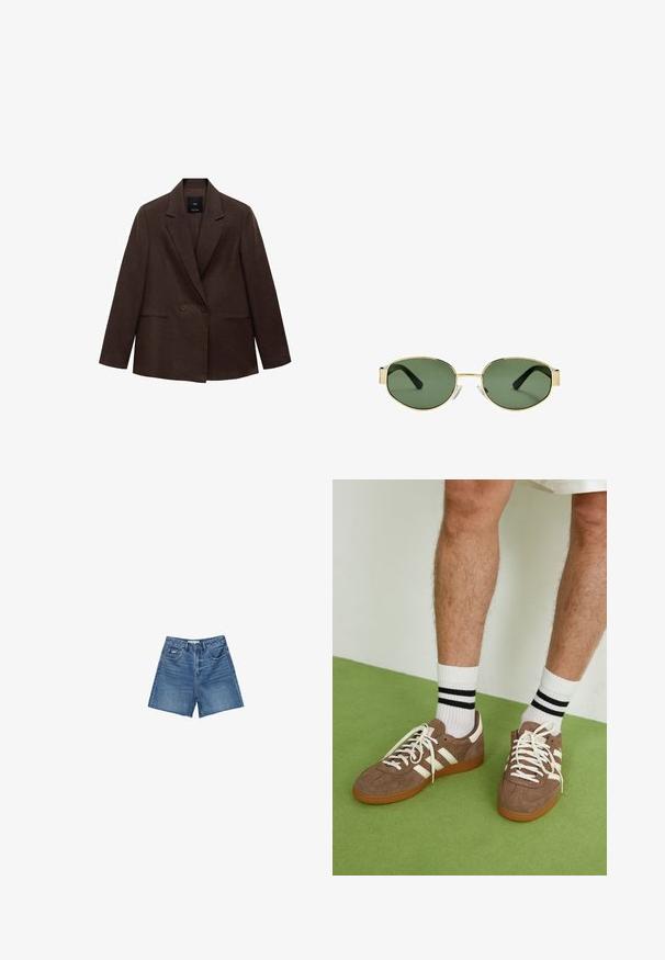 Hnědý dvoubarevný blazer s klopami, dlouhými rukávy, dvěma předními kapsami a hladkou texturou. Štítek je viditelný uvnitř límce.; Bílé bezrukávové tílko se čtvercovým výstřihem, hladkou texturou a přiléhavým střihem. Vyrobeno z lehkého materiálu.; Denimové šortky ve středně modrém praní, s klasickým pětipocket designem, poutky na opasek a zapínáním na zip s knoflíkem.; Hnědé semišové tenisky s bílými akcenty a tkaničkami. Gumová podrážka. Nošeny s bílými ponožkami s černými pruhy. Zelená strukturovaná podlaha.; Sluneční brýle s metalickým zlatým rámem, zelenými skly, oválného tvaru, s černými stranicemi a průhlednými nosními podložkami. Čistý, minimalistický design.; COACH HAMPTONS HOBO BAG IN SIGNATURE JACQUARD - Kabelka - oak maple