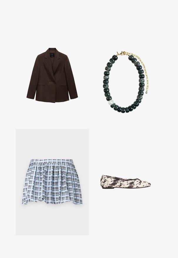 Rjav dvojno zapet blazer z notanimi reverji, dolgimi rokavi, dvema sprednjima žepoma in gladko teksturo. Oznaka je vidna znotraj ovratnika.; Črna bombažna majica s krožnim izrezom, kratkimi rokavi in sproščenim krojem. Gladka tekstura brez vidnih vzorcev ali okrasnih elementov.; Modra in bela karirana krila s elastičnim pasom in nabranim dizajnom, z mornarsko modrimi črtami, ki ustvarjajo strukturiran vzorec.; Črno-bela pikasta balerinka z majhnim lokom na zaobljenem prstu in nizko peto, prikazana s strani na beli podlagi.; Ogrlica iz črnih in sivih kamenčkov z zlatim zapiralom in nastavljivim verižico, ki poudarja gladko teksturo in različne oblike kamenčkov.