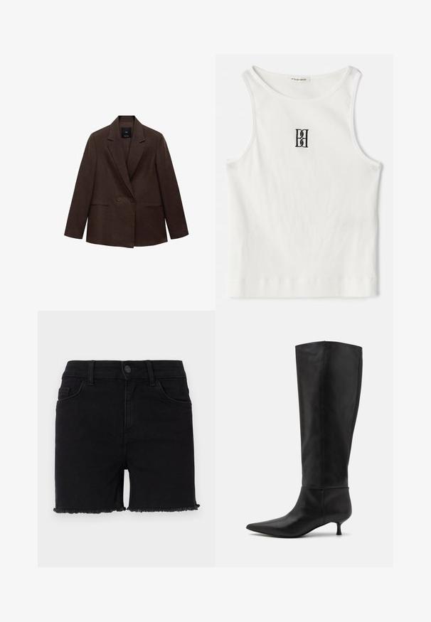 Hnedý dvojradový blejzer s klopovým golierom, dlhými rukávmi, dvoma prednými vreckami a hladkou textúrou. Nálepka je viditeľná vo vnútri goliera.; Biely rebrovaný tielko s čiernym výšivkovým logom umiestneným na hrudi. Výstrih a otvory na rukávy sú dokončené jemným lemovaním.; Čierne denimové kraťasy s priliehavým pásom, rozstrapkaným lemom a klasickým dizajnom s piatimi vreckami. Tkanina je hladká s malou elasticitou.; Čierne kožené čižmy po kolená s ostrou špičkou a nízkym podpätkom. Hladkátextúra a minimalistický dizajn bez viditeľného hardvéru alebo akcentov.
