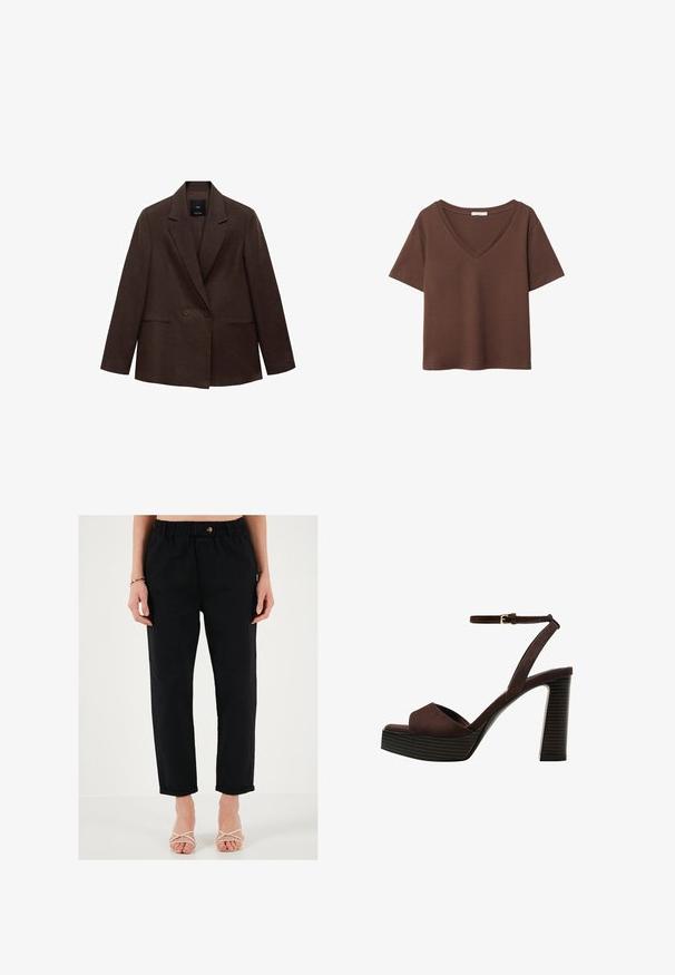 Rjav dvojno zapet blazer z notanimi reverji, dolgimi rokavi, dvema sprednjima žepoma in gladko teksturo. Oznaka je vidna znotraj ovratnika.; Rjava bombažna majica s kratkimi rokavi in globokim V-izrezom. Preprost dizajn, mehak material in raven rob. Brez vzorcev ali dekorativnih elementov.; Črne, ohlapne hlače iz bombaža, z elastičnim pasom, gumbom za zapiranje in zvitim robom. Gladka tekstura in sproščen oblikovanje.; Rjave semiš sandale z visoko peto, odprto spredaj, z nastavljivim gležnjenjem in črtastim podplatom.