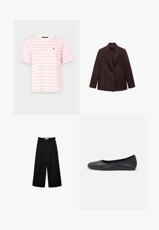 Hnědý dvoubarevný blazer s klopami, dlouhými rukávy, dvěma předními kapsami a hladkou texturou. Štítek je viditelný uvnitř límce.; Pruhované tričko s krátkým rukávem v měkké růžové a bílé barvě, vyrobené z bavlny. Obsahuje kulatý výstřih a malé černé logo na hrudi.; Černé široké kalhoty s vysokým pasem, skladbou v přední části a zapínáním na knoflík. Vyrobené z hladkého materiálu s precizním střihem.; Černé kožené baletní byty s kulatou špičkou, hladkou texturou, minimálními švy a flexibilním designem podrážky.
