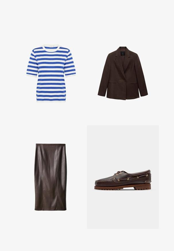 Brązowa marynarka dwurzędowa z klapami, długimi rękawami, dwoma przednimi kieszeniami i gładką fakturą. Metka widoczna wewnątrz kołnierza.; Niebieska i biała bluzka z krótkim rękawem w paski. Okrągły dekolt, miękka tkanina, standardowy krój, z przemiennymi grubymi i cienkimi paskami.; Brąskowy skórzany ołówkowy spódniczka o gładkiej fakturze, sięgająca do kolan, z pionowymi szwami w celu podkreślenia designu. Brak dodatkowych elementów lub akcentów.; Brązowe skórzane buty w stylu boat shoe z złotymi oczkami, okrągłymi sznurowadłami oraz teksturowaną brązową gumową podeszwą. Zawierają przeszycia i wypukłe logo.