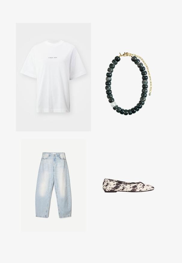 Hnedý dvojradový blejzer s klopovým golierom, dlhými rukávmi, dvoma prednými vreckami a hladkou textúrou. Nálepka je viditeľná vo vnútri goliera.; Biela bavlnená tričko s uvoľneným strihom, krátkymi rukávmi, okrúhlym výstrihom a malým čiernym logom "Carhartt, WIP" na prednej strane.; Svetlomodré džíny s voľným strihom, so zovretým vzhľadom, dvomi prednými vreckami a gombíkovým zapínaním na páse.; Čiernobiele baletky s bodkami a malou mašľou na zaoblenom špičke a nízkym podpätkom, zobrazené zo strany na bielom pozadí.; Náhrdelník z čiernych a šedých kamenných korálkov s pozlátenou sponou a nastaviteľným reťazcom, ktorý zdôrazňuje hladký povrch a rôzne tvary korálkov.