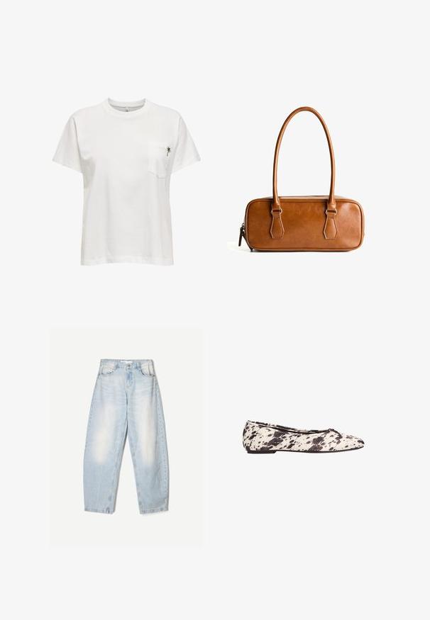 Ruskea kaksirivinen bleiseri, jossa on lovettu kaulus, pitkät hihat, kaksi etutaskua ja sileä pinta. Tunnus on näkyvissä kauluksen sisällä.; Valkoinen puuvillapaita, jossa on pyöreä kaula-aukko, lyhyet hihat ja vasemmalla rintapuolella tasku, jossa on pieni vihreä kirjailtu palmupuun yksityiskohta.; Vaaleansiniset farkut, joissa on löysä malli, haalistunut pinta, kaksi etutaskua ja nappikiinnitys vyötäröllä.; Musta-valkoiset pilkulliset ballerinat, joissa on pieni nauha pyöreässä varpaassa ja matala korko, kuvattuna sivusta valkoista taustaa vasten.; Ruskea nahkainen käsilaukku, jossa on kaksi pitkää kahvaa, suorakulmainen muoto, sileä pinta, vetoketjukiinnitys ja hopeanväriset yksityiskohdat.