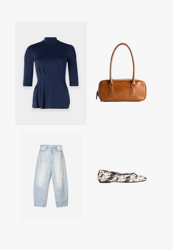 Brun dubbelknäppt kavaj med slag, långa ärmar, två framfickor och en slät yta. Etiketten är synlig inuti kragen.; Mörkblå topp med hög krage och trekvartsärmar. Har sidofålldetaljer och en mjuk, stretchig tygtextur.; Ljust blå denimjeans med en lös passform, med en urblekt finish, två framfickor och en knappstängning vid midjan.; Svart- och vitprickig balettklänning med en liten rosett på den rundade tådelen och låg klack, visad från sidan mot en vit bakgrund.; Brun läderhandväska med två långa handtag, rektangulär form, slät yta, dragkedjestängning och detaljer i silverfärgad metall.; Svart och grå stenpärlhalsband med en guldfärgad lås och justerbar kedja, som framhäver en slät yta och varierande pärlformer.