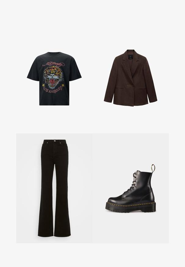 Hnědý dvoubarevný blazer s klopami, dlouhými rukávy, dvěma předními kapsami a hladkou texturou. Štítek je viditelný uvnitř límce.; Černé bavlněné tričko s barevným grafikou tygra a textem "ED Hardy Los Angeles", s volným střihem a krátkými rukávy.; Černé riflové džíny se zvýšeným pasem a rozšířenými nohavicemi, vyrobené z denimu, s knoflíkovým zapínáním, bočními kapsami a hladkým povrchem.; Černé kožené kotníkové boty na šněrování s mohutnou černou podrážkou a žlutým prošíváním. Mají poutko na zadní straně a kulaté kovové očko.
