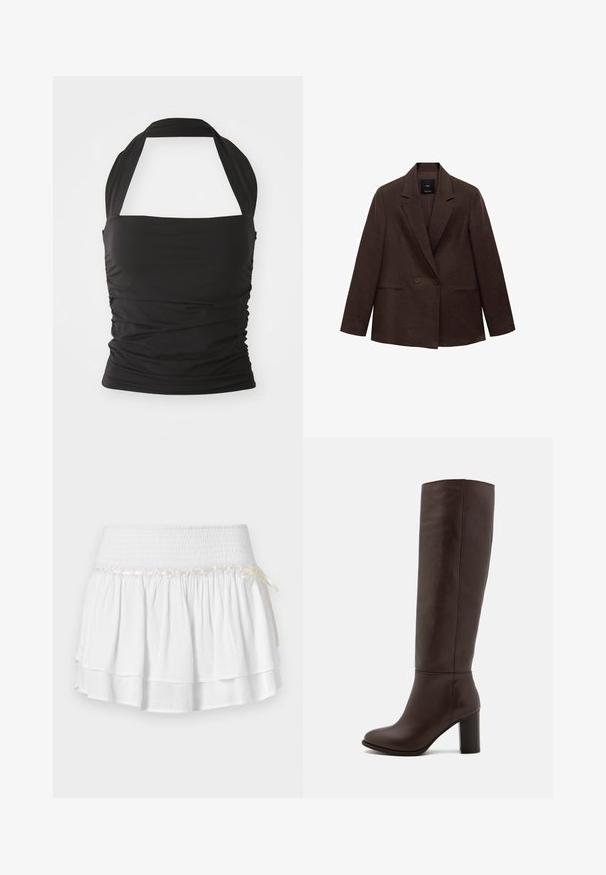 Hnědý dvoubarevný blazer s klopami, dlouhými rukávy, dvěma předními kapsami a hladkou texturou. Štítek je viditelný uvnitř límce.; Černý top s ramínky vyrobený z elastického materiálu. Obsahuje nařasené boční detaily a solidní, bezproblémový design s širokým krčním popruhem.; Bílá skládaná sukně s elastickým pasem, s texturovaným smockingem a dekorativním stužkovým detailem. Bavlněná tkanina.; Hnědá kožená vysoká bota po kolena s blokovým podpatkem, hladkým povrchem, zaoblenou špičkou a minimálními švy.