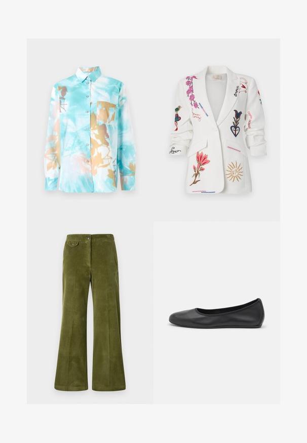 White blazer with embroidered floral patterns, birds, and script details in various colors, featuring a notched lapel and front pockets.; Collared long-sleeve shirt in light blue with abstract floral print in brown and cream. Features a front pocket and button closure.; Olive green corduroy flared pants with a smooth texture, front pockets, and a front button closure. Vertical ribbed pattern throughout.; Black leather ballet flat with a rounded toe, smooth texture, minimal stitching detail, and a flexible sole design.