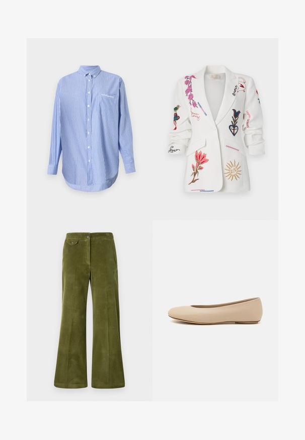 Baltos spalvos švarkas su siuvinėtų gėlių raštais, paukščiais ir įvairių spalvų užrašais, turintis įpjautą apykaklę ir priekines kišenes.; Mėlyna ir balta dryžuota marškinė su apykakle, ilgomis rankovėmis ir priekinėmis kišenėmis. Pagaminta iš lengvo audinio su lygiu paviršiumi.; Balta medvilninė marškinėliai su apvaliu iškirpimu. Trumpomis rankovėmis ir mėlynu dryžuotu akcentu ant vidinio kaklo. Minkšta tekstūra, įprastos tinkamumo.; Alyvuogių žalios spalvos šviesios flared kelnės, turinčios lygią tekstūrą, priekinės kišenės ir sagos uždarymas priekyje. Vertikalus dryžuotas raštas per visą apimtį.; Šviesiai ruda odinė baleto bateliai su apvaliu galiuku, minimaliais siūlių detalėmis, žemu kulnu ir subtiliu logotipu gale. Lygi, matinė tekstūra.