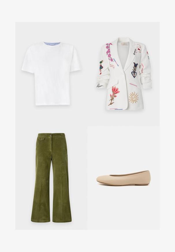 Valkoinen bleiseri, jossa on kirjailtuja kukkakuosisia, lintuja ja kirjallisia värityksiä, varustettu leikatuilla kauluksilla ja etutaskuilla.; Valkoinen puuvilla T-paita, jossa on pyöreä kaula-aukko. Lyhyt hiha ja sininen raidallinen yksityiskohta sisäkaula-aukon ympärillä. Pehmeä kangas, normaali malli.; Olivinvihreät sametista valmistetut leveälahkeiset housut, joissa on sileä pintakuvio, etutaskut ja edessä nappikiinnitys. Pystysuuntainen ribbikuvio koko matkalta.; Beige nahkara ballet flat dengan ujung bulat, detail jahitan minimal, hak rendah, dan logo halus di bagian belakang. Tekstur halus dan matte.