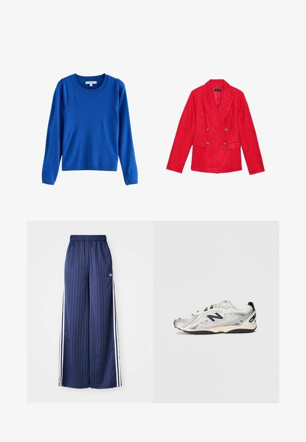 Röd tweedblazer med dubbelknäppning, guldknappdetaljer, slagkrage och två framfickor. Texturerad tygfinish.; Blå, långärmad tröja med rund halsringning, med rynkade detaljer på axlarna och ribbade muddar och fåll för extra textur.; Mörkblå byxor med vida ben och vertikala vita ränder, elastisk midja och tre vita ränder längs varje sida, tillverkade av ett lätt material.; Grå och vit träningssko med rundad tå, mesh och syntetiska material, svarta accenter och en texturerad gummisula.