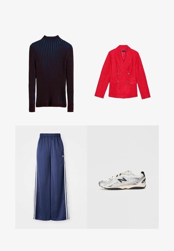Rode tweed blazer met een dubbel borstontwerp, gouden knoopaccenten, notched revers en twee voorzakken. Getextureerde stoffen afwerking.; Donkerpaars geribbeld sweater met blauwe verticale strepen, hoge halslijn en aansluitende manchetten. Zachte textuur met een subtiele glans.; Navyblauwe wijde broek met verticale witte strepen, elastische tailleband en drie witte strepen aan elke kant, gemaakt van een lichtgewicht materiaal.; Grijze en witte sportschoen met een ronde neus, gemaakt van mesh en synthetische materialen, zwarte accenten en een gestructureerde rubberen zool.