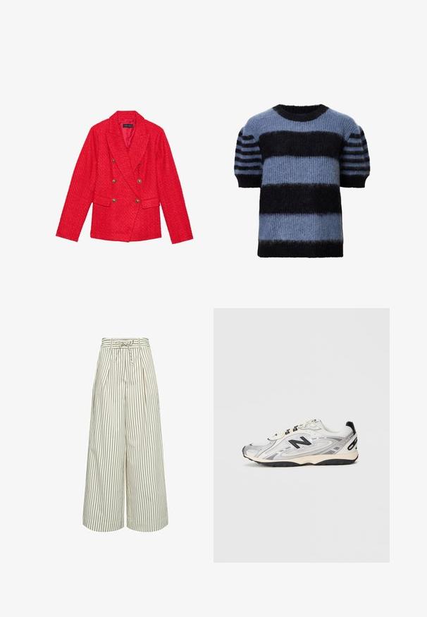 Rote Tweed-Blazer mit doppelt geknöpftem Design, goldenen Knopfakzenten, Reverskragen und zwei Fronttaschen. Strukturierte Stoffoberfläche.; Kurzarm-Pullover in gemischten Blau- und Schwarztönen, mit dicken horizontalen Streifen und einer weichen, flauschigen Textur. Rundhalsausschnitt, lockere Passform.; Weite Hosen in Creme mit dünnen braunen vertikalen Streifen. Mit Falten und einem Bindegürtel in der Taille. Hergestellt aus einem glatten Stoff.; Grauer und weißer Sportschuh mit abgerundeter Zehe, aus Mesh- und Synthetikmaterialien, schwarzen Akzenten und einer strukturierten Gummisohle.