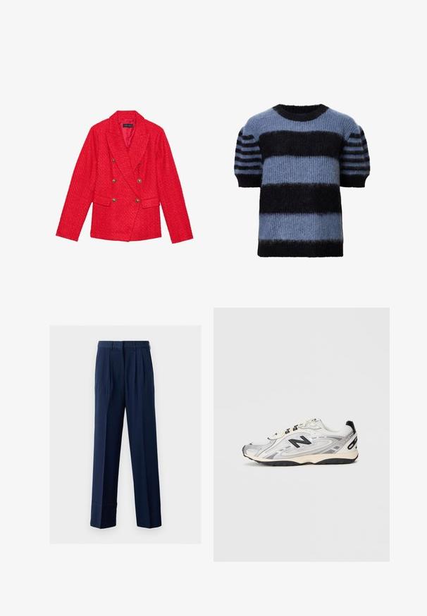 Blazer en tweed rouge avec un design à double boutonnage, accents de boutons dorés, revers à crans et deux poches avant. Finition en tissu texturé.; Pull à manches courtes dans des tons de bleu mélangé et noir, avec de larges rayures horizontales et une texture douce et duveteuse. Encolure ronde, coupe décontractée.; Pantalon tailleur bleu marine avec plis, coupe droite, fabriqué en tissu léger. Dispose d'une taille avec passants de ceinture.; Chaussure de sport grise et blanche avec un bout arrondi, en matériaux mesh et synthétiques, accents noirs et semelle en caoutchouc texturée.