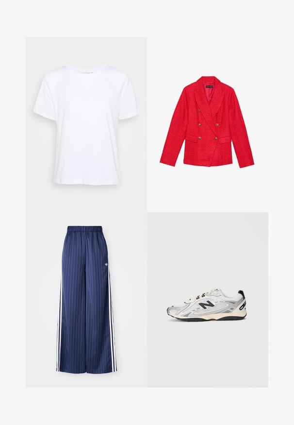 Rød tweed blazer med dobbeltradet design, guldbutton-accenter, sætninger og to frontlommer. Teksturert stoffinish.; Hvid bomulds T-shirt med rund halsudskæring, korte ærmer og afslappet pasform, der har en glat tekstur og et minimalistisk design.; Mørkeblå brede bukser med lodrette hvide striber, elastisk talje og tre hvide striber langs hver side, lavet af et let materiale.; Grå og hvid sportssko med en afrundet tå, mesh og syntetiske materialer, sorte accenter og en tekstureret gummisål.