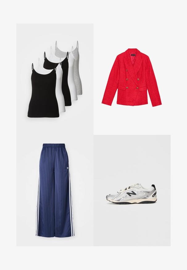 Rode tweed blazer met een dubbel borstontwerp, gouden knoopaccenten, notched revers en twee voorzakken. Getextureerde stoffen afwerking.; Vijf mouwloze camisoles in zwart, wit en lichtgrijs. Gemaakt van een gladde, rekbare stof met verstelbare bandjes en ronde halslijnen.; Navyblauwe wijde broek met verticale witte strepen, elastische tailleband en drie witte strepen aan elke kant, gemaakt van een lichtgewicht materiaal.; Grijze en witte sportschoen met een ronde neus, gemaakt van mesh en synthetische materialen, zwarte accenten en een gestructureerde rubberen zool.