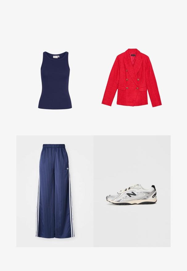 Rode tweed blazer met een dubbel borstontwerp, gouden knoopaccenten, notched revers en twee voorzakken. Getextureerde stoffen afwerking.; Navyblauwe geribde tanktop met een ronde nek en een slim fit. Heeft een zachte textuur en geen zichtbare hardware of patronen.; Navyblauwe wijde broek met verticale witte strepen, elastische tailleband en drie witte strepen aan elke kant, gemaakt van een lichtgewicht materiaal.; Grijze en witte sportschoen met een ronde neus, gemaakt van mesh en synthetische materialen, zwarte accenten en een gestructureerde rubberen zool.