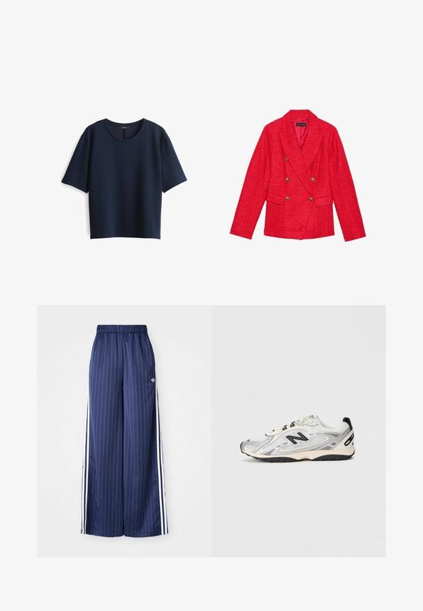 Rote Tweed-Blazer mit doppelt geknöpftem Design, goldenen Knopfakzenten, Reverskragen und zwei Fronttaschen. Strukturierte Stoffoberfläche.; Navyblaues Kurzarmoberteil aus strukturiertem Stoff, mit rundem Ausschnitt und lockerer Passform. Weiches, geripptes Material mit einem dezenten Muster.; Navyblaue, weit geschnittene Hose mit vertikalen weißen Streifen, elastischem Bund und drei weißen Streifen an jeder Seite, aus leichtem Material gefertigt.; Grauer und weißer Sportschuh mit abgerundeter Zehe, aus Mesh- und Synthetikmaterialien, schwarzen Akzenten und einer strukturierten Gummisohle.