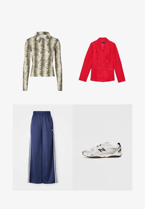 Rød tweedblazer med dobbeltbrettet design, gullknapper, skjortekrager og to frontlommer. Strukturert stofffinish.; Beige langermet polo skjorte med brunt abstrakt mønster, med krage, tre knapper og ribbet tekstur.; Mørkeblå vide bukser med vertikale hvite striper, elastisk midje og tre hvite striper langs hver side, laget av et lett materiale.; Grå og hvite treningssko med rund tå, mesh- og syntetiske materialer, svarte aksenter og en teksturert gummisåle.