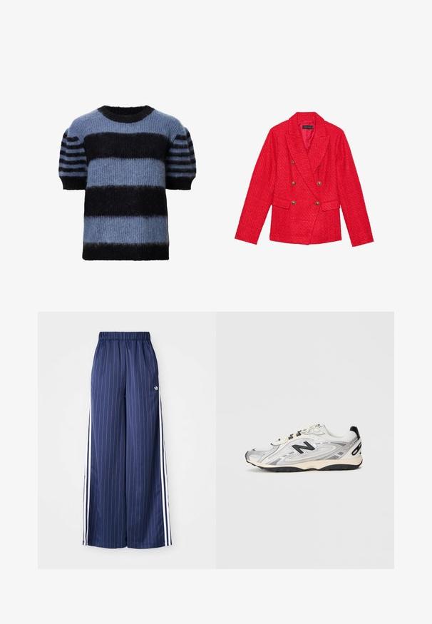Blazer de tweed rojo con diseño de doble botonadura, acentos de botones dorados, solapas con muesca y dos bolsillos frontales. Acabado de tela texturizada.; Suéter de manga corta en tonos de azul y negro, con gruesas rayas horizontales y una textura suave y mullida. Cuello redondo, corte relajado.; Pantalones de pierna ancha azul marino con rayas blancas verticales, cinturilla elástica y tres rayas blancas a lo largo de cada lado, fabricados con un material ligero.; Zapatilla deportiva gris y blanca con punta redondeada, materiales de malla y sintéticos, acentos negros y suela de goma texturizada.