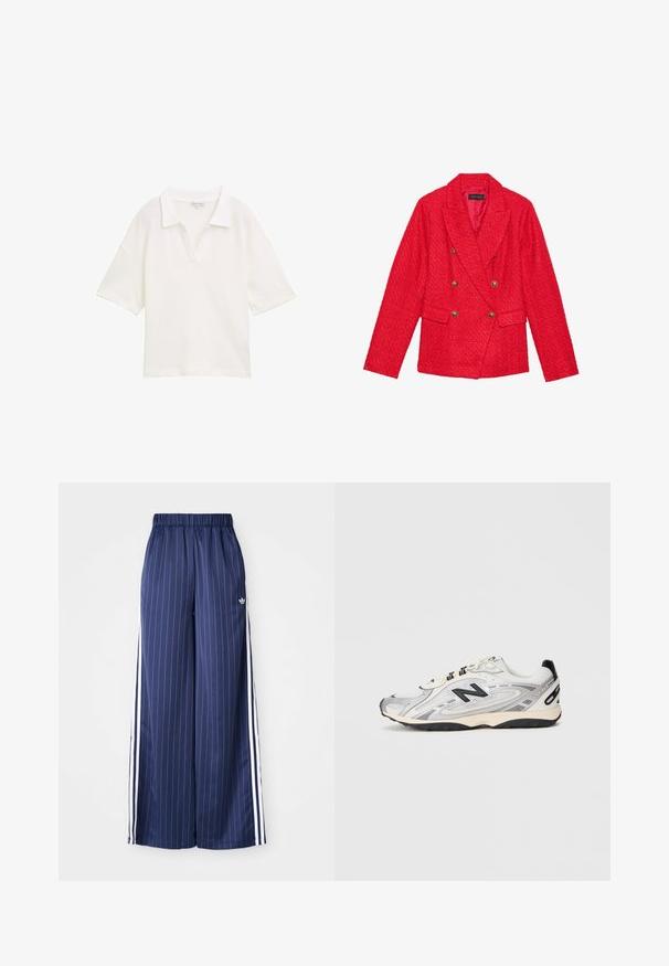 Rode tweed blazer met een dubbel borstontwerp, gouden knoopaccenten, notched revers en twee voorzakken. Getextureerde stoffen afwerking.; Witte polo shirt gemaakt van textiel met een gestructureerde stof, met een kraag en korte mouwen, in een relaxte pasvorm zonder zichtbare patronen of accenten.; Navyblauwe wijde broek met verticale witte strepen, elastische tailleband en drie witte strepen aan elke kant, gemaakt van een lichtgewicht materiaal.; Grijze en witte sportschoen met een ronde neus, gemaakt van mesh en synthetische materialen, zwarte accenten en een gestructureerde rubberen zool.