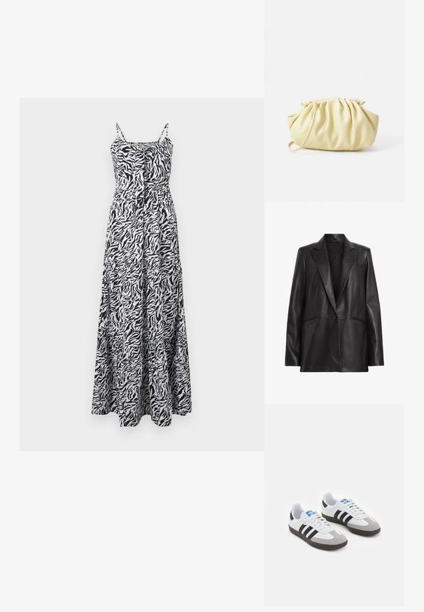 Svart skinnblazer med notch-lapel, enkel knappfeste og to sidelommer. Jevn tekstur med en skreddersydd passform.; Maxikjole med zebra-print i sort og hvit. Har tynne stropper, en tettsittende midje og en flytende skjørt med lagdelt kant. Lett stoff.; Sportssko med en hvit skinnoverdel, grå semsket tå og tre svarte striper. Har en blå logo på tungen og en teksturert gummisåle.; Gulvv Firkantet håndveske laget av glatt faux lær, med en myk form, en enkel skulderstropp og samlet toppdesign.