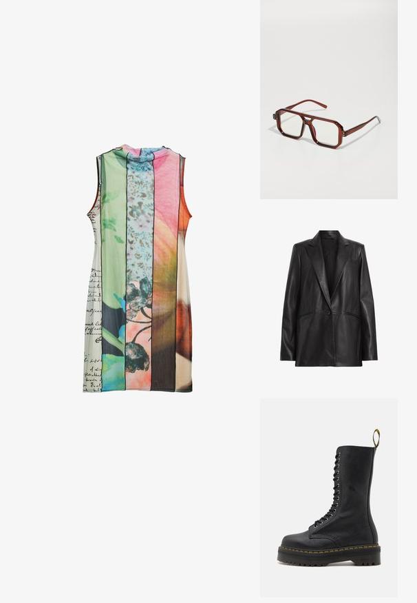 Zwarte leren blazer met een notch-kraag, sluiting met één knop en twee zijzakken. Gladde textuur met een getailleerde pasvorm.; Mouwloze jurk met gestreepte panelen in verschillende kleuren: groen, roze, oranje, met bloemmotieven en handgeschreven tekstdetails.; Zwarte leren gevechtslaars met een hoge schacht, vetersluiting aan de voorkant, gele stiksels en een stevige, gestructureerde zool. Heeft een hoge gripprofiel.; Bruine transparante oversized brillen met rechthoekige lenzen en slanke armen. Gehoekte, licht afgeronde hoeken en zichtbare hardwareaccenten.