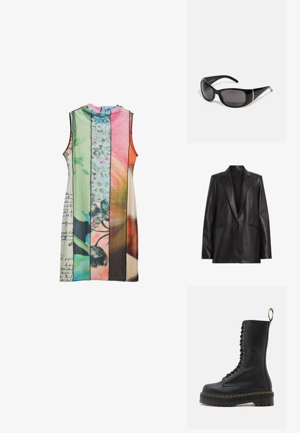 Schwarze Lederblazer mit Reverskragen, einreihiger Knopfverschluss und zwei Seitentaschen. Glatte Textur mit taillierter Passform.; Ärmelloses Kleid mit gestreiften Panels in verschiedenen Farben: grün, rosa, orange, mit floralem Muster und handgeschriebenen Textdetails.; Schwarzer Lederkampfstiefel mit hohem Schaft, Schnürverschluss, gelben Nähten und einer klobigen, strukturierten Sohle. Mit rutschfester Profilsohle.; Schwarze Sonnenbrille mit glänzendem Kunststoffrahmen, grauen verlaufenden Gläsern und silberfarbenen Akzenten an den Seiten. Schlankes, geschwungenes Design.