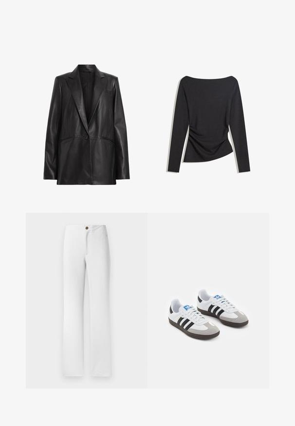 Črn usnjen blazer z žebljičastim ovratnikom, enojnim gumbom in dvema stranskima žepoma. Gladka tekstura z prilegajočim krojem.; Črni dolgi rokavi prilegajoči se top s čolnastim izrezom in rahlim nabiranjem na eni strani okoli pasu, položen na belo ozadje.; Bela, ravna hlače z zlatim gumbom, ravnim sprednjim delom in gladko teksturo tkanine. Brez vidnih vzorcev ali okraskov.; Športni čevlji z belim usnjenim zgornjim delom, sivim semišem na prstih in tremi črnimi črtami. Imajo modro logo na jeziku in teksturiran gumijast podplat.