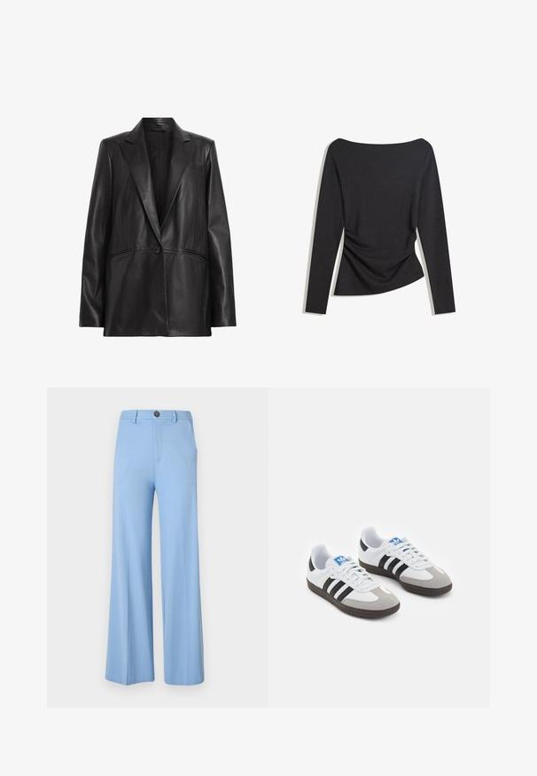 Svart läderblazer med spetsig slag, enkel knappstängning och två sidofickor. Slät textur med en skräddarsydd passform.; Svart långärmad figurnära topp med båthalsringning och lätt ruching på ena sidan vid midjan, lagt plant på en vit bakgrund.; Ljusblå vida byxor tillverkade av ett mjukt tyg, med knäppning och framfickor. Ren, skräddarsydd design utan mönster.; Sportskor med överdel i vit läder, grå mocka på tårna och tre svarta ränder. Har en blå logotyp på tungan och en texturerad gummisula.
