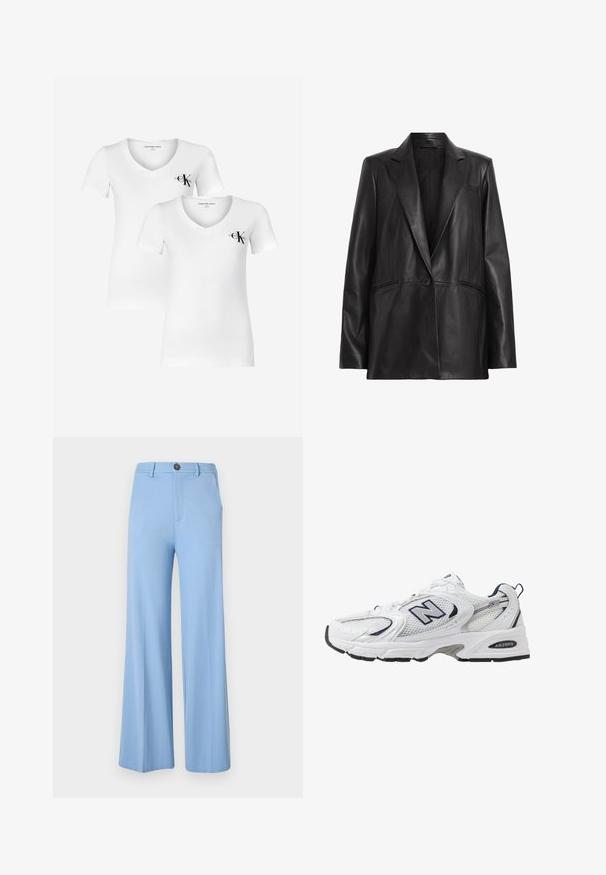 Melnas ādas žakete ar norādītu atloku, ar vienu pogu un divām sānu kabatām. Gluda tekstūra ar pielāgotu piegriezumu.; Divi balti v-veida T-krekli, kas izgatavoti no maiga auduma. Katram ir neliels melns logo kreisajā krūtīs. Īsas piedurknes ar klasisku piegriezumu.; Gaiši zilos platās bikses izgatavotas no gludas auduma, ar pogu aizdari un priekšējām kabatām. Tīrs, pielāgots dizains bez rakstiem.; Baltas sporta apavs ar sietveida augšpusi, jūras zilām akcentiem un mīkstu zoli. Iezīmē "N" logo, šņores un teksturētu detaļu sānos.