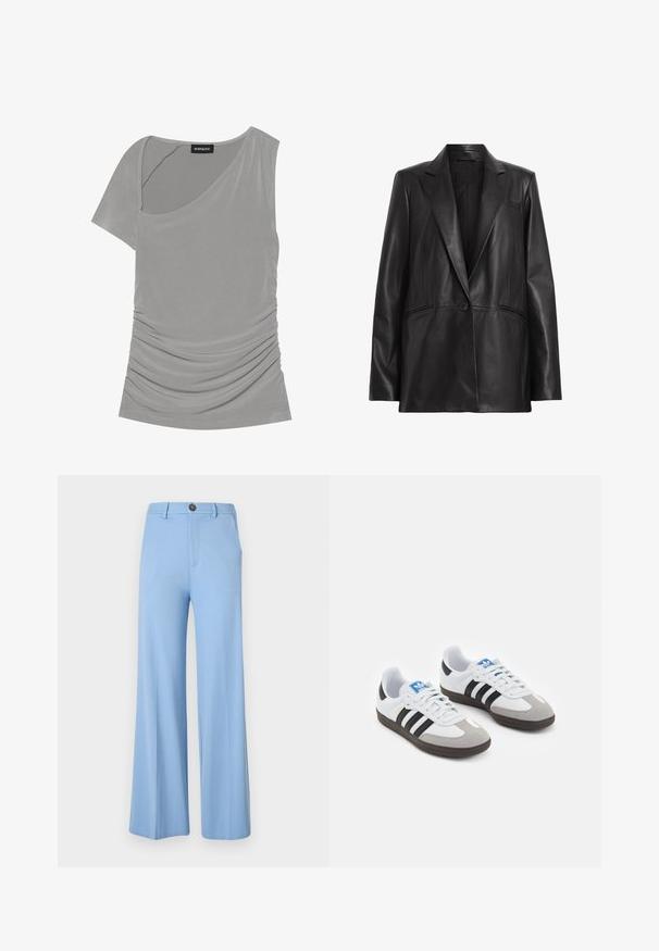 Melnas ādas žakete ar norādītu atloku, ar vienu pogu un divām sānu kabatām. Gluda tekstūra ar pielāgotu piegriezumu.; Pelēks īsroku tops ar asimetrisku dizainu, savilktu tekstūru sānā un apaļu kakla izgriezumu. Izgatavots no mīksta, elastīga materiāla.; Gaiši zilos platās bikses izgatavotas no gludas auduma, ar pogu aizdari un priekšējām kabatām. Tīrs, pielāgots dizains bez rakstiem.; Sporta apavi ar balto ādas virsu, pelēku zamšādas purngalu un trim melnām svītrām. Iezīmē zilu logotipu uz mēles un teksturētu gumijas zoli.