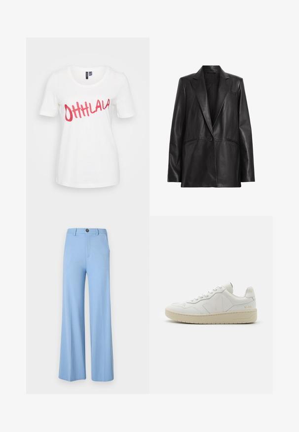 Černá kožená sako s klopami, s jedním knoflíkem a dvěma bočními kapsami. Hladká textura s dobře padnoucím střihem.; Bílý bavlněný tričko s krátkým rukávem, s lesklým červeným nápisem "OHHLALA" na přední straně v hravém kurzívním písmu.; Světle modré kalhoty s širokými nohavicemi vyrobené z hladké látky, s knoflíkovým zapínáním a předními kapsami. Čistý, elegantní design bez vzorů.; Bílé kožené tenisky s perforovanou špičkou, kontrastní béžovou gumovou podrážkou a logovými akcenty na boku a patě. Minimalistický design.