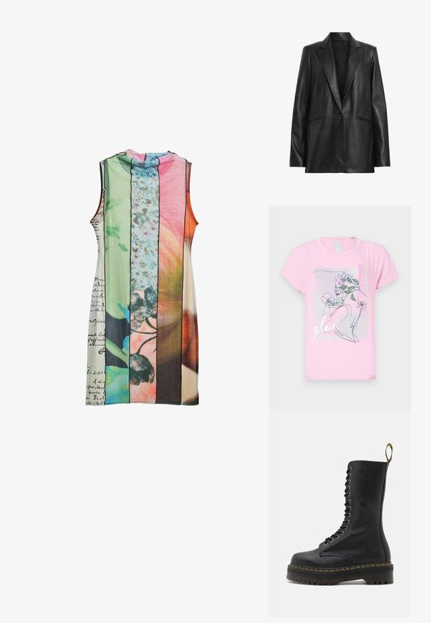 Sacou din piele neagră, cu rever clasic, închidere cu un nasture și două buzunare laterale. Textură netedă, cu croi ajustat.; Tricou roz cu mânecă scurtă, decorat cu un design floral și cuvântul "glowed" în argintiu. Detaliu cu decupaj circular la spate. Textură moale și netedă.; Rochie fără mâneci, cu panouri cu dungi în culori variate: verde, roz, portocalie, cu modele florale și detalii scrise de mână.; Botă de luptă din piele neagră cu un ștuț înalt, sistem de prindere cu șireturi, cusături galbene și o talpă groasă, texturată. Include un model de tread cu aderență ridicată.