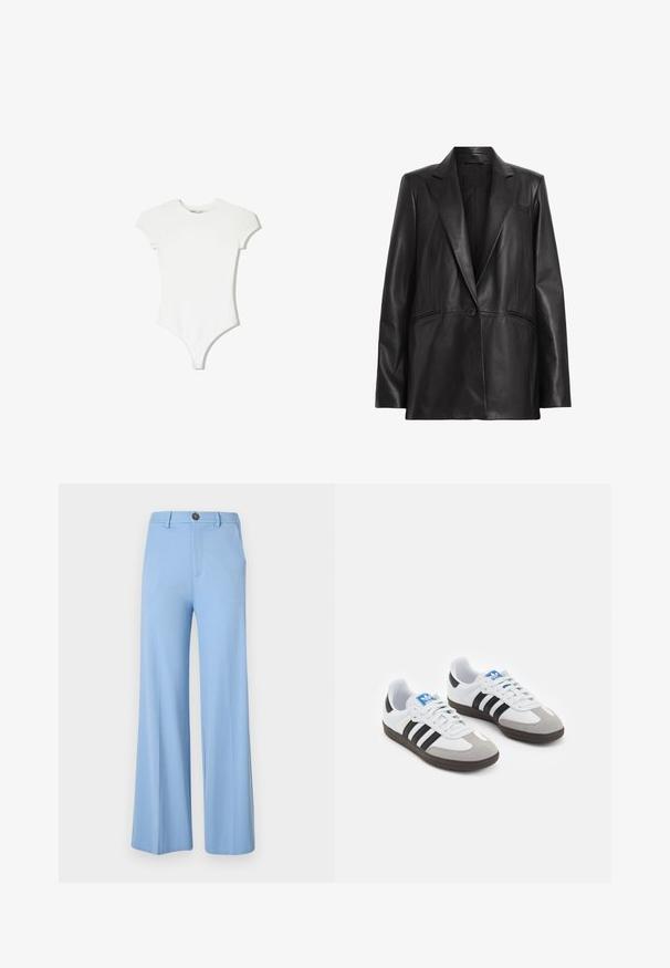 Fekete bőr blézer, érdes nyakkal, egy gombos záródással és két oldalsó zsebbel. Sima textúra, testre szabott szabással.; Fehér, rövid ujjúBody, puha, elasztikus anyagból készült, testhezálló kialakítással, kerek nyakkal és tangás alsó résszel.; Világoskék, bő szárú nadrág sima anyagból, gombos záródással és elülső zsebekkel. Tiszta, precíz szabás minták nélkül.; Fehér bőr felsőrészes sportcipő, szürke velúrból készült orral és három fekete csíkkal. Jellemzője a kék logó a nyelvén és egy texturált gumitalp.