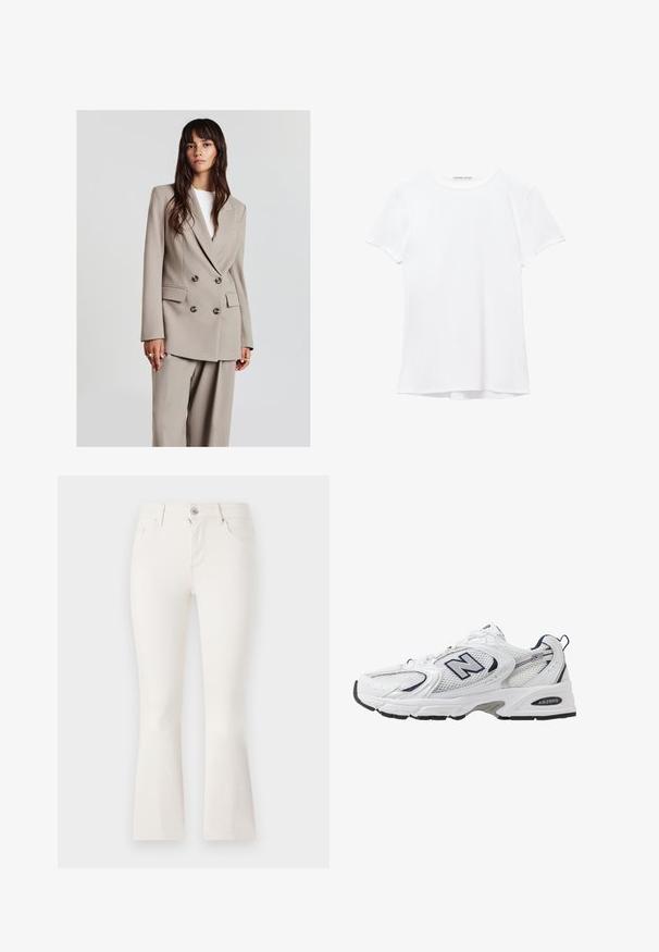 Giovane donna con lunghi capelli castani indossa un blazer beige doppiopetto e pantaloni larghi abbinati, in piedi di fronte a uno sfondo chiaro uniforme.; T-shirt bianco a maniche corte realizzato in tessuto liscio, caratterizzato da un colletto rotondo e dettagli di cucitura discreti all'orlo.; Jeans bianchi a palazzo in denim con vita aderente, cinque tasche e chiusura con zip frontale. Texture liscia e design pulito.; Scarpa sportiva bianca con tomaia in mesh, dettagli in blu marino e suola imbottita. Presenta il logo "N", lacci e dettaglio texturizzato sul lato.