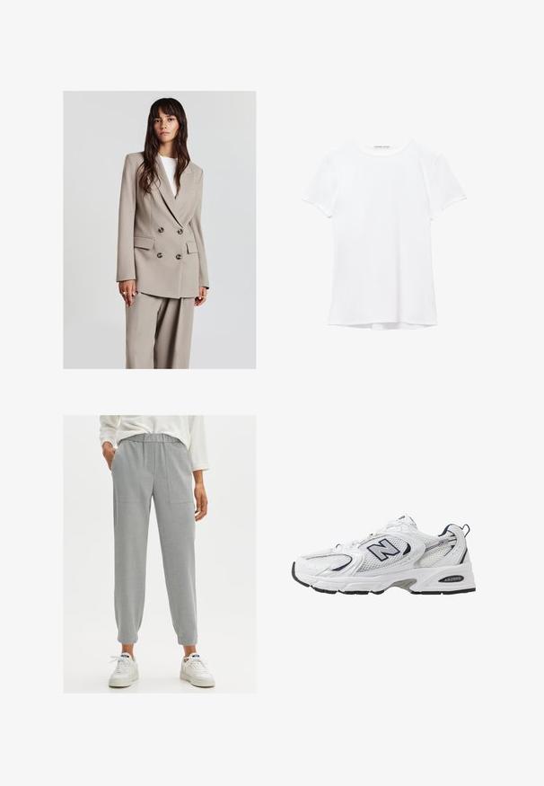 Young woman with long brown hair wears beige double-breasted blazer and matching wide-leg pants, standing against plain light background.; White short-sleeve t-shirt made from smooth fabric, featuring a round neckline and subtle stitching details at the hem.; OPUS MYHA - Trousers - hazy fog melange; White athletic shoe with mesh upper, navy accents, and cushioned sole. Features "N" logo, laces, and textured detail on side.