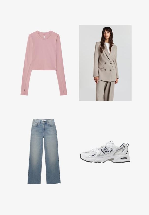 Jeune femme aux longs cheveux bruns portant un blazer beige à double boutonnage et un pantalon large assorti, se tenant devant un fond clair uni.; T-shirt court à manches longues en tissu rose doux ; présente un col rond, des trous pour les pouces dans les poignets et un petit logo sur l'ourlet.; Jeans large en denim bleu clair, dotés d'une taille haute, de poches avant et d'une fermeture à bouton. Texture lisse avec des zones décolorées.; B baskets blanches avec une tige en mesh, des accents bleu marine et une semelle rembourrée. Présente le logo "N", des lacets et un détail texturé sur le côté.