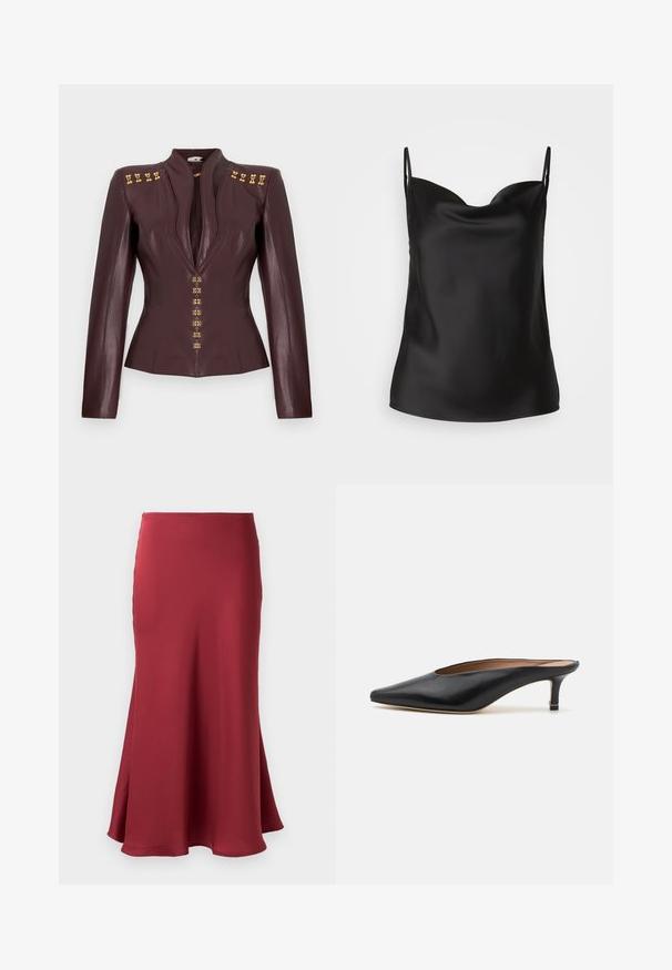 Slušivá tmavě vínová kožená bunda s dlouhými rukávy, hlubokým V výstřihem a zlatými dekorativními sponami na ramenou a vpředu.; Černá saténová košile s hlubokým výstřihem, tenkými ramínky a hladkou lesklou texturou. Jednoduchý, klasický design bez ozdob.; Burgundská saténová sukně se hladkým povrchem, rozšířeným střihem a lemem, který spadá pod koleno. Žádné viditelné kovové prvky ani vzory.; Černé kožené muly s špičatou špičkou a nízkým blokovým podpatkem. Hladká textura s elegantním designem. Otevřená zadní část s minimálními detaily.