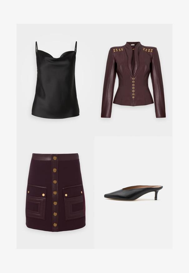 Getailleerde donkerburgundy leren jas met lange mouwen, diepe V-hals en gouden decoratieve sluitingen op de schouders en aan de voorkant.; Zwarte satijnen camisole met een diepe V-halslijn, dunne bandjes en een gladde, glanzende textuur. Eenvoudig, klassiek ontwerp zonder versieringen.; Donkerpaarse mini rok met gouden knopen aan de voorkant, leren tailleband en twee grote voorzakken met leren afwerking en gouden knoopdetails.; Zwarte leren muiltjes met een puntige neus en een lage, blokhak. Glad oppervlak met een gestroomlijnd ontwerp. Open achterkant met minimale details.