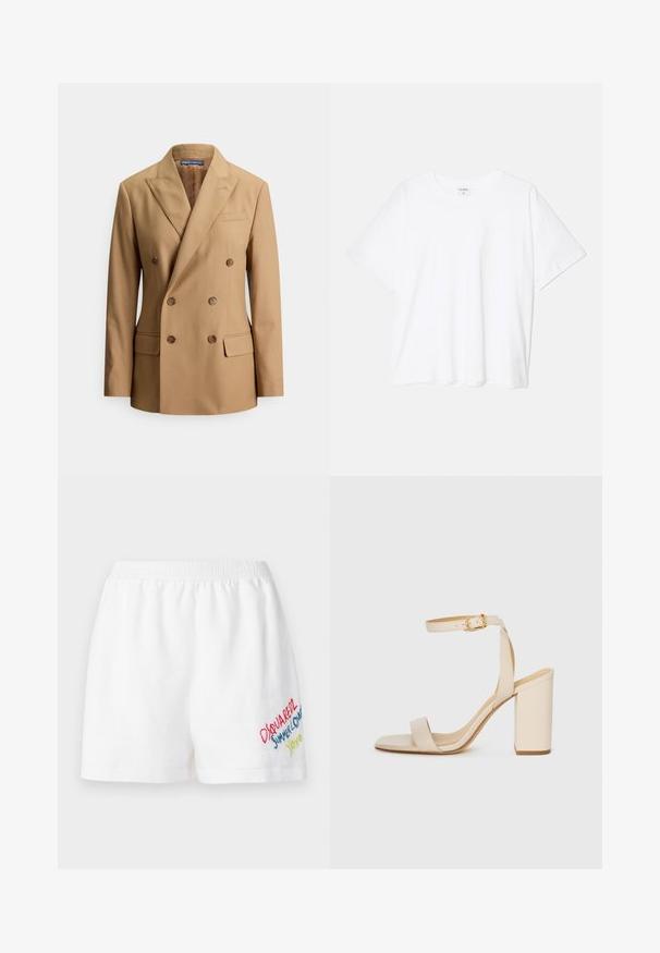Tan double-breasted blazer made of smooth fabric, featuring two front pockets, brown buttons, peak lapels, and a sleek tailored design.; White cotton t-shirt with short sleeves, round neckline, relaxed fit, and stitched hem. Label visible on the inside neck.; Dsquared2 BAGGY - Shorts - white; Beige high-heeled sandal with a square toe, thin ankle strap, and block heel. Smooth leather texture with a gold buckle detail.