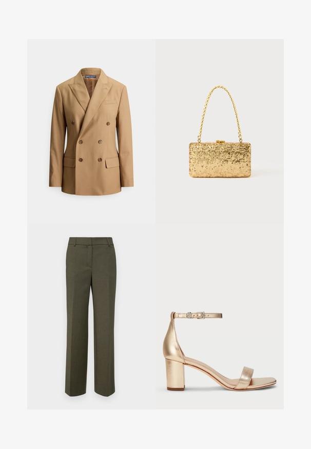 Topelt-rinnaga tan värvi bleiser, mis on tehtud siledast kangast, kus on kaks esist taskut, pruunid nööbid, tipplapiga krae ja elegantne, täpselt istuv disain.; Valge puuvillane T-särk lühikeste varrukatega, ümar kaelus, sobiv disain ja sile tekstuur. Logo silt kaeluses.; Oliivrohelised kohandatud püksid, mis on valmistatud tekstuurist kangast. Omab sirget sääre disaini, millel on lame esiosa ja ei ole nähtavaid kaunistusi.; Lauren Ralph Lauren LOGAN METALLIC NAPPA LEATHER SANDAL - Sandaalid - platinum; Kullatud kaunistustega kott ristküliku kujuga, millel on keeratud ahelast käepide ja metallist lukuga sulgur, peegeldades valgust tekstuurse viimistlusega.