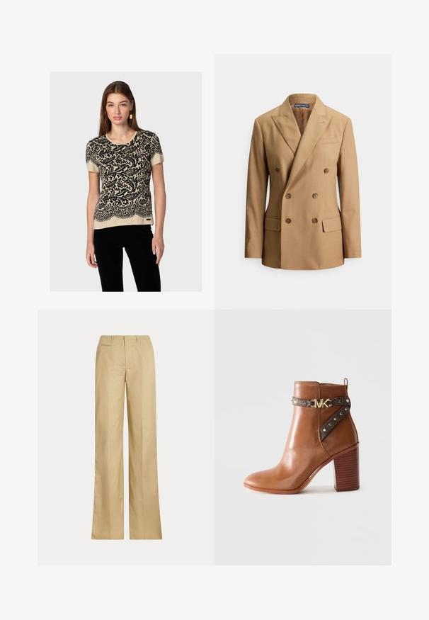 Dvojřadé sako v barvě skořice vyrobené z hladké látky, s dvěma předními kapsami, hnědými knoflíky, špičatými klopami a elegantním střihovým designem.; Svetr s krátkým rukávem s černým květinovým vzorem na béžovém pozadí, s kulatým výstřihem a rovně střiženým lemem.; Béžové široké kalhoty vyrobené z hladkého bavlněného materiálu, s klasickým pasem a zadní kapsou, rovného střihu a minimálními detaily.; Hnědá kožená kotníková bota s blokovým podpatkem, bočním popruhem se zlatými kuličkami a zlatou sponou s logem "MK".