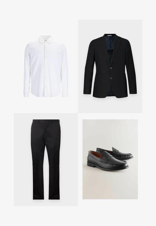 Must mustriga mustriga kahe nupuga, nurgelapell, ees taskud ja sinine mustriga vooder. Esile tõstetud detailide seas on diskreetne logo.; Valge pikkade varrukatega nööpidega särk, mis on valmistatud siledast kangast. Särgil on klassikaline krae, esine nööpide rida ja tagasihoidlik logomärk rinnal.; Mustad puuvillased püksid sirge jala disainiga, millel on ees nööp sulgemine ja küljetaskud, sile tekstuur, nähtavad mustrid puuduvad.; Musta nahast loafers sileda tekstuuriga, mokassiini stiilis õmblustega ja madala virna kontsaga. Omab dekoratiivset ülemist rihma detaili.