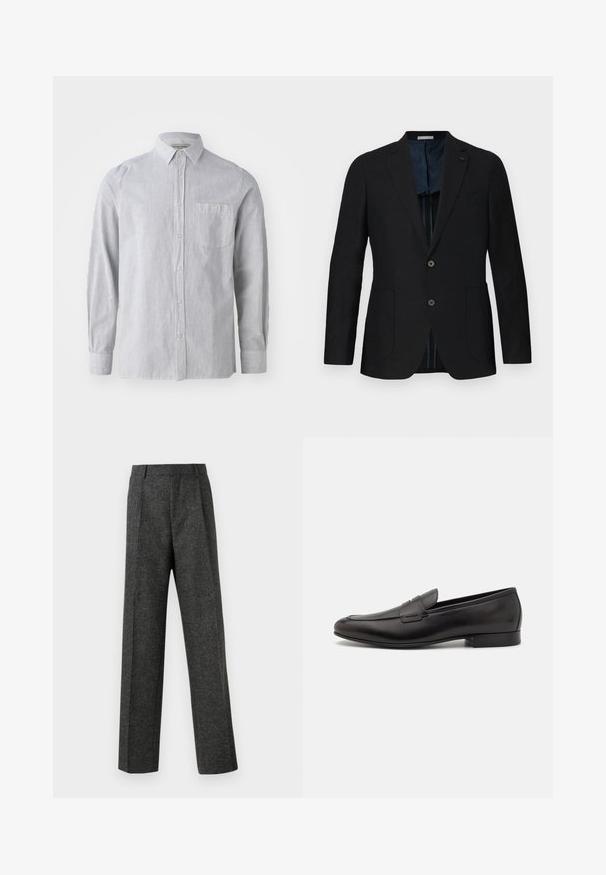 Sort linned blazer med to knapper, notch lapel, frontlommer og blå mønstret for. Fremhævede detaljer inkluderer et diskret logo.; Stripet skjorte i lysegrå og hvid, lavet af bomuldsstof, lange ærmer, enkelt brystlomme, klassisk krave, lige kant.; Grå skræddersyede bukser lavet af tekstureret stof, med to frontplicer og lige ben-design. Ingen synlige lommer eller udsmykninger.; Sorte læder loafers med et strømlinet design, rund tå og lav stablet hæl. Har en dekorativ syet detalje på overdelen.