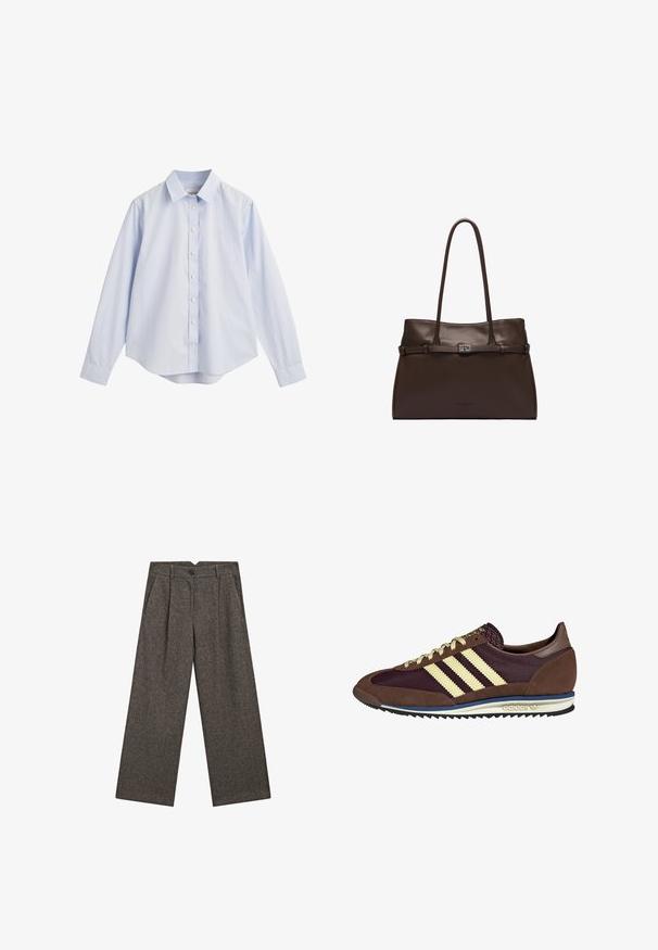 Dunkelgrauer einreihiger Wollblazer mit Reverskragen, zwei vorderen Klappentaschen und einer Brustleistentasche, auf weißem Hintergrund präsentiert.; Grauer gestrickter V-Ausschnitt Pullover mit langen Ärmeln, gerippten Bündchen und Saum, flach auf einem weißen Hintergrund präsentiert.; Helles blaues Hemd mit Knopfleiste aus Baumwolle, mit Kragen, langen Ärmeln, Rückenpasse und abgerundetem Saum, verziert mit einem dezenten gestickten Logo.; Weit geschnittene, hoch taillierte, dunkelgraue Wollhose mit vorderen Falten, seitlichen Taschen, Gürtelschlaufen und einem schwarzen Knopfverschluss.; Braune und burgunderfarbene Sneaker aus Wildleder und Mesh-Materialien, mit drei cremefarbenen Streifen, strukturiertem Stoff an der Zunge und einer Gummisohle.; Dunkelbraune Leder-Shopper-Tasche mit schlanken Doppelgriffen und einem silberfarbenen rechteckigen Schnallendetail am vorderen Riemen.